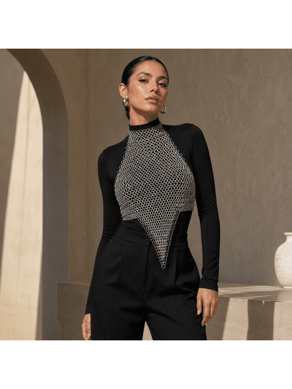 Handicrafts Women's Chainmail Halter Top, V-Hem Gothic Armor Body Jewelry, Silver