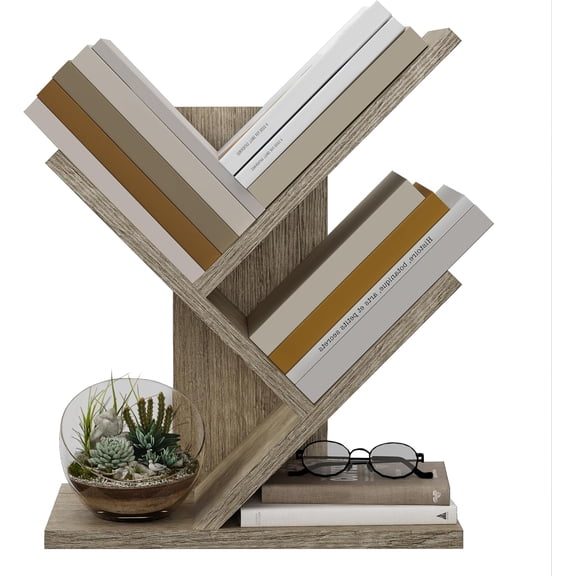 3 Tier Tree Bookshelf, Small Bookshelf, Desktop Bookshelf Floor Standing Bookcase Display for CDs/Magazine/Books, Book Organizer Shelves for Bedroom, Living Room, Office, Greige