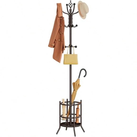 Tajsoon Coat Rack Stand With Umbrella Holder Coat Tree Freestanding With 16 Hooks Coat Hangers Stand For Living Room Bedroom Office Brown