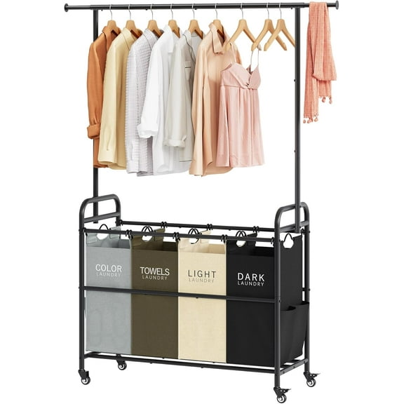 Laundry Sorter Cart with Hanging Clothes Rack, 4 Butler Sorter Basket Organizer, Laundry Hamper Cart with Heavy Duty Rolling Lockable Wheels, 4 Colors