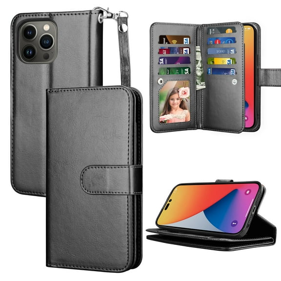 TakFox For Apple iPhone 14/14 Pro/14 Plus/14 Pro Max Wallet Case,Credit Card Holder Flip Cover [9 Card Slots] [Magnetic Closure] Folio Detachable Hard Case,Black