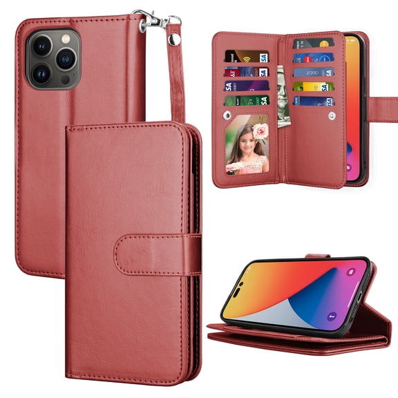 TakFox For Apple iPhone 14/14 Pro/14 Plus/14 Pro Max Wallet Case,Credit Card Holder Flip Cover [9 Card Slots] [Magnetic Closure] Folio Detachable Hard Case,Brown
