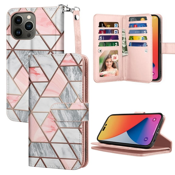 TakFox For Apple iPhone 14/14 Pro/14 Plus/14 Pro Max Wallet Case,Credit Card Holder Flip Cover [9 Card Slots] [Magnetic Closure] Folio Detachable Hard Case,Rose Gold