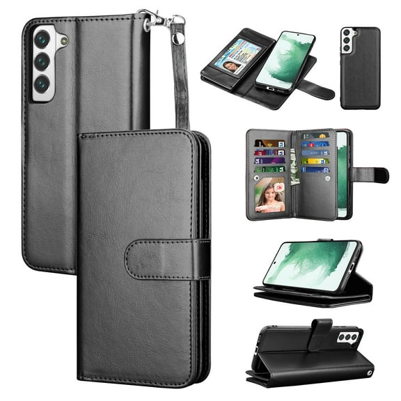 TakFox For Samsung Galaxy S22 /S22 Plus Wallet Case,[9 Card Slots] PU Leather ID Credit Holder Folio Flip [Detachable] Kickstand Magnetic Phone Cover,Black