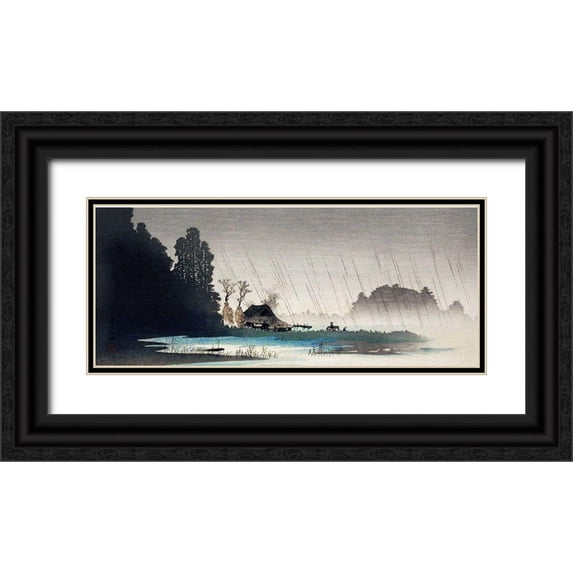 Takahashi, Hiroaki 32x16 Black Ornate Wood Framed with Double Matting Museum Art Print Titled - Rain at Igusa