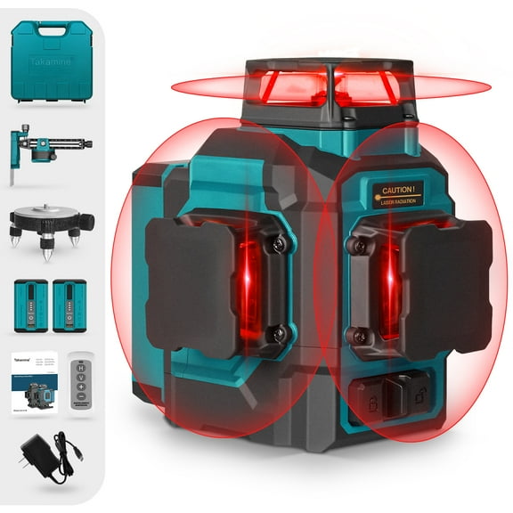 Takamine 12 Lines 3D Self Leveling Laser Level Pro, 3x360 ultra-bright Red Line with Brightness Adjustment, Two Li-ion Batteries, Remote Controller, Magnetic Rotating Stand Included