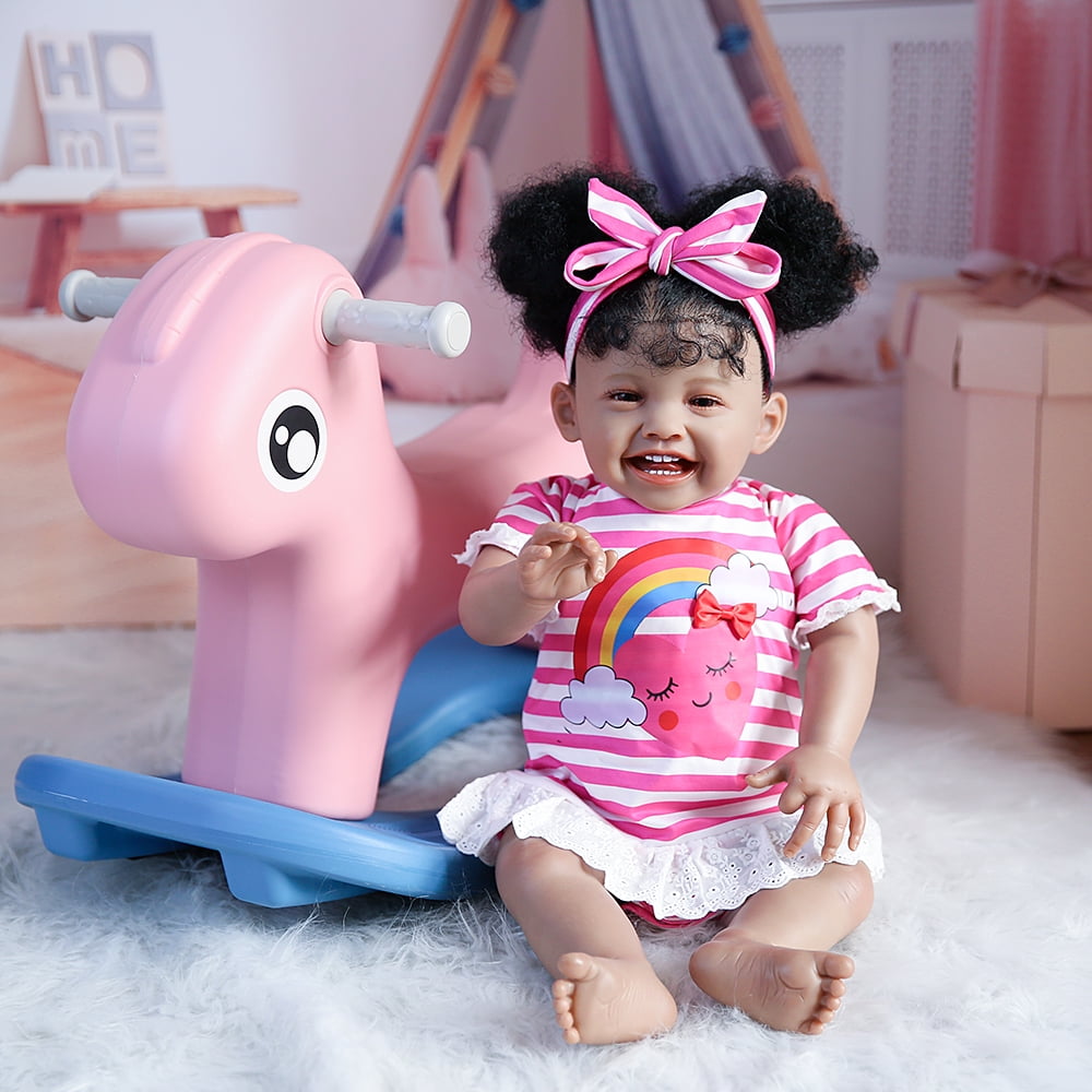 Takanini 24'' Newborn Baby Girl Dolls Black Skin Smile Face with Realisitc Silicone Limbs Filling with PP Cotton Birthday Gift for Children 3+ Years