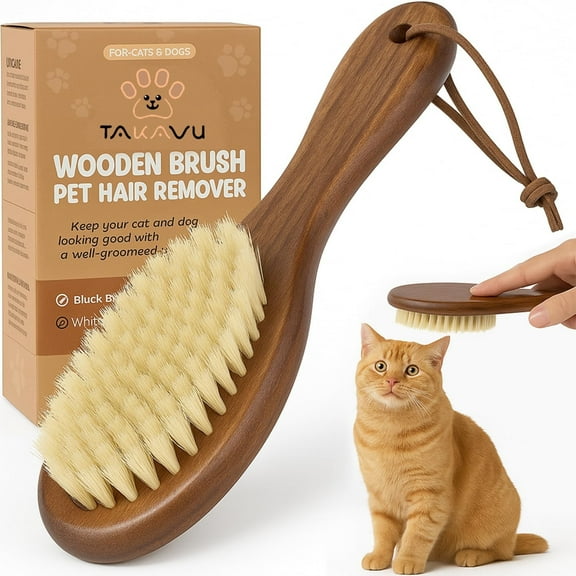 Takavu Natural White Boar Bristle Cat Brush with Wooden Handle, Gentle Grooming Tool for Sensitive Skin, Shiny Coat & Smooth Fur