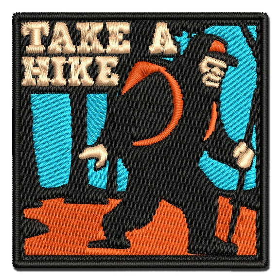 Take A Hike Bigfoot Hiking Hiker with Backpack Applique Multi-Color Embroidered Iron-On Patch - 2.0 Inch Mini