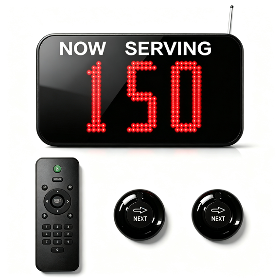 Take a Number Machine Queue Wireless Calling System for Customers with 2 Waterproof Next Call Button 1 Dot-Matrix Display