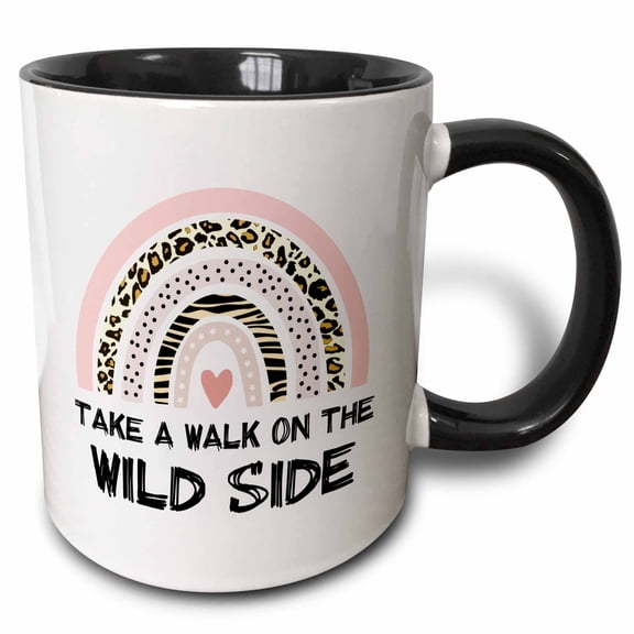3drose, Take a Walk on the Wild Side - Boho Rainbow Pink Leopard Print Pattern, 11oz Two-tone Black Mug