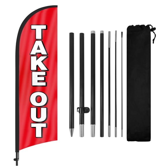 Take Out Advertising Feather Flags Banner 8Ft, Take Out Swooper Flag with Pole and Ground Stake, Advertising Feather Flag Signs for Take Out Business Red