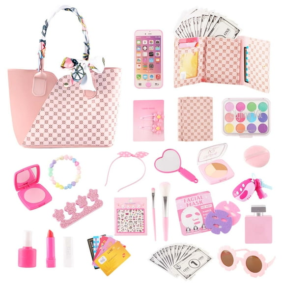 GLUAAE 42 Pcs Kids Toy Travel Bag & Makeup Kit for Girls - Play Purse Set with Wallet, Sunglasses, Phone & Sun Hat, Pretend Play Accessories (Best Birthday Gift for Ages 3-8)