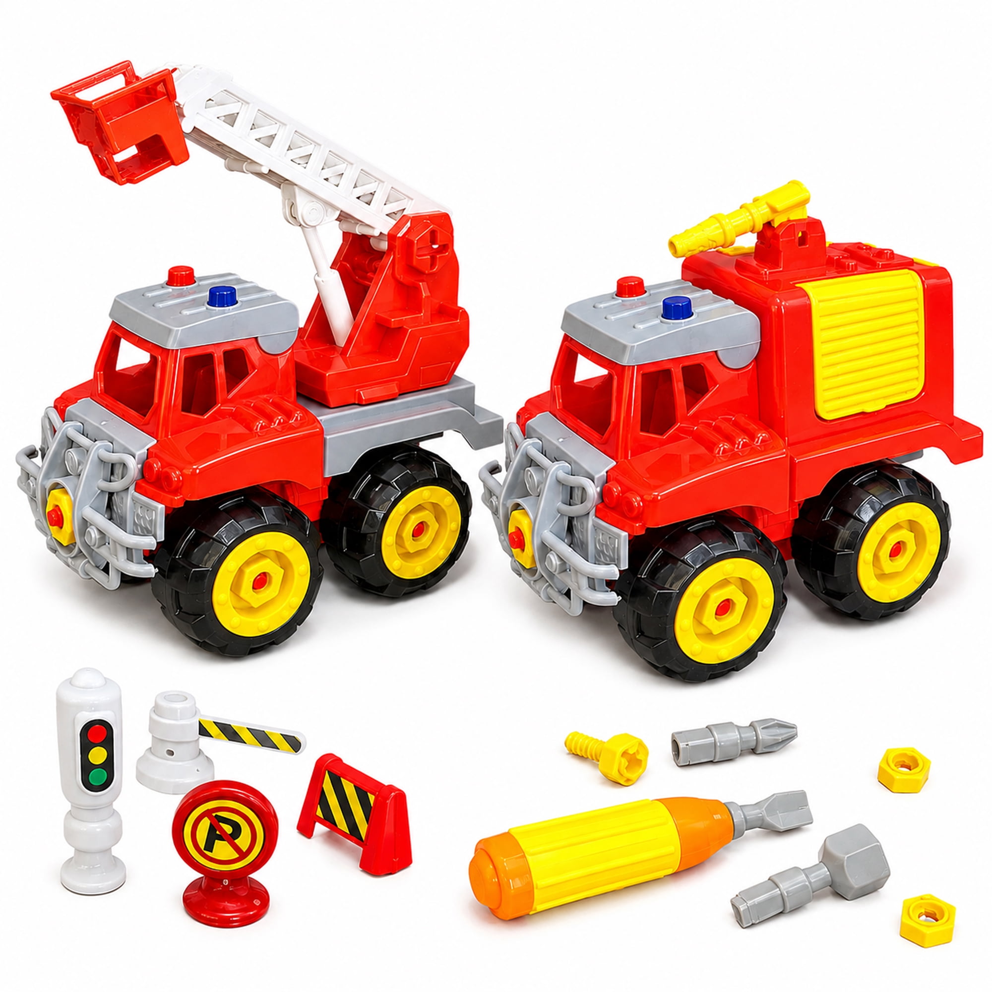 Take Apart Fire Truck Toy Set for Kids Ages 3+, DIY Rescue Vehicle Building Kit with Screwdriver, Traffic Signs & Storage Case