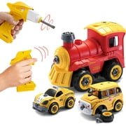 Take Apart Toys with Electric Drill | Converts to Remote Control Car | 3 in one School Bus, Taxi, Train, Take Apart Toy for Boys | Gift Toys for Boys 3,4,5,6,7 Year Olds | Kids Stem Building Toy