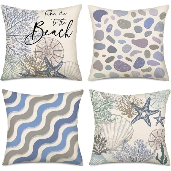 Take Me to The Beach Summer Throw Pillow Covers 20 x 20 Inch Blue Ocean Sea Shell Conch Starfish Summer Cushion Case for Sofa Couch Set of 4 Coastal Pillowcase Square