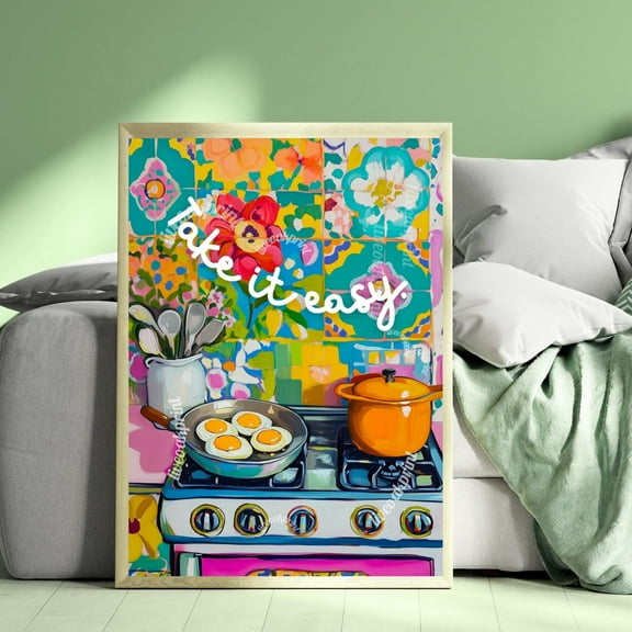 Take It Easy! Eggs Over Easy Print - Eggs Wall Art - Cute Kitchen Wall Art - Eclectic Kitchen Decor - Funky Kitchen Art - Kitschy Kitchen Wall Art, Modern Wall Decor, 16x24 UNFRAMED