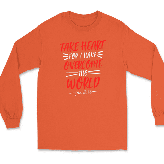 Take Heart For I Have Overcome World Long Sleeve T-Shirt Christian God Jesus - Orange, 3XL