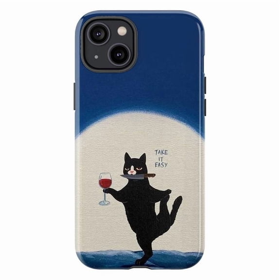 Take It Easy Black Cat Phone Case, Wine & Cigar Balance Art Cover, Funny Protective Case for iPhone 17 16 15 14 13 12 11 Pro Max Mini