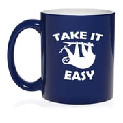 Take It Easy Sloth Funny Ceramic Coffee Mug Tea Cup Gift for Her, Him, Friend, Coworker, Wife, Husband 11oz Blue
