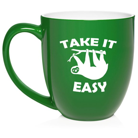 Take It Easy Sloth Funny Ceramic Coffee Mug Tea Cup Gift for Her, Him, Friend, Coworker, Wife, Husband (16oz Green)