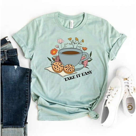 Take It Easy T-shirt Hippie Shirt Floral Tee Inspirational Gift Coffee Lover Top Self Love Motivational Flower Shirts 70S 80S Retro Vintage Women's Birthday