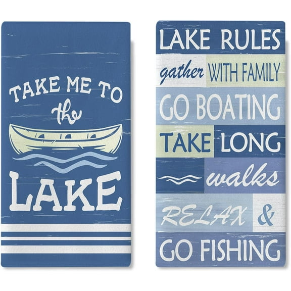 Take Me to The Lake Boat Kitchen Dish Towels Set of 2, Lake Life Rules Lakehouse Blue Drying Hand Towels Baking Cooking Cloth, Spring Summer Seasonal Home Kitchen Decor 18 x 26
