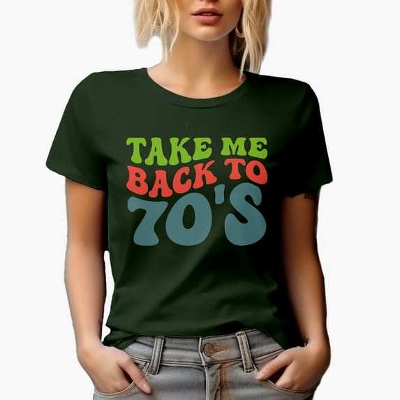 Take Me Back to 70s, 1970s Music Quote, Groovy Retro Wavy Text Merch Gift, Military Green T-Shirt, Medium