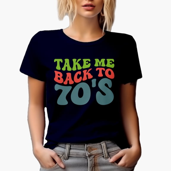 Take Me Back to 70s, 1970s Music Quote, Groovy Retro Wavy Text Merch Gift, Navy Blue T-Shirt, 3XL
