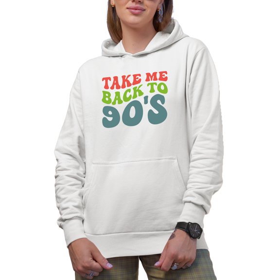 Take Me Back to 90s, 1990s Themed Quote, Groovy Retro Wavy Text Merch Gift, White Hooded Sweatshirt or Hoodie, Small
