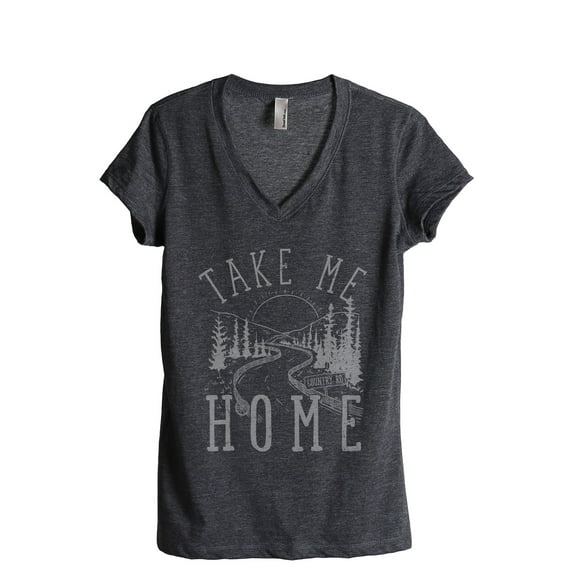Take Me Home Country Road Women's Fashion Relaxed V-Neck T-Shirt Tee Charcoal Grey 2X-Large