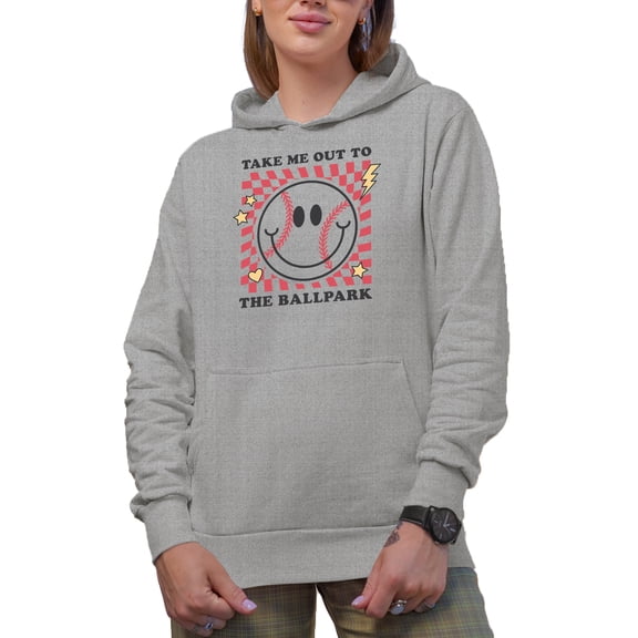 Take Me Out to the Ballpark, 90s Retro Baseball Art Merch Gift, Heather Grey Hooded Sweatshirt or Hoodie, XL