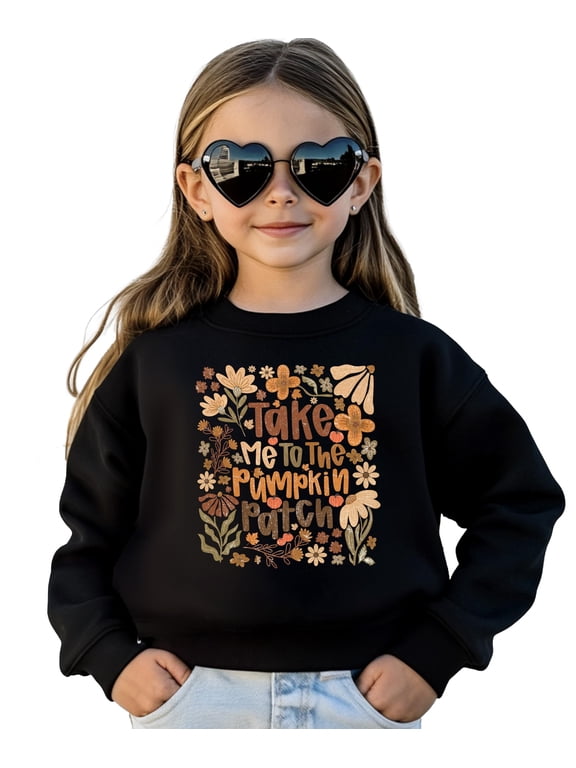 Take Me To The Pumpkin Patch Sweatshirt Floral Autumn Crewneck for Women, Teens & Kids Black Sweatshirt 4T