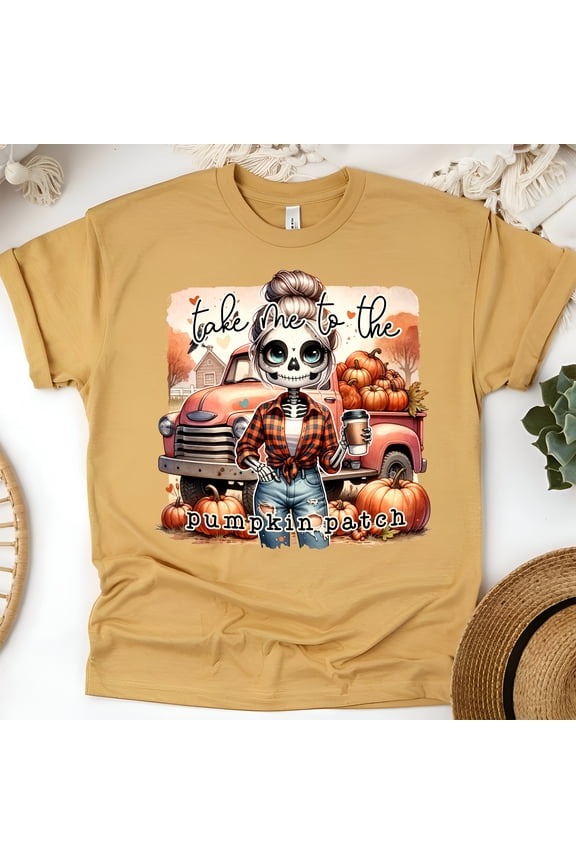 Take Me To The Pumpkin Patch Tee | Skeleton Girl Pumpkin Shirt | Unisex Casual T-Shirt, Gold, Size 3XL
