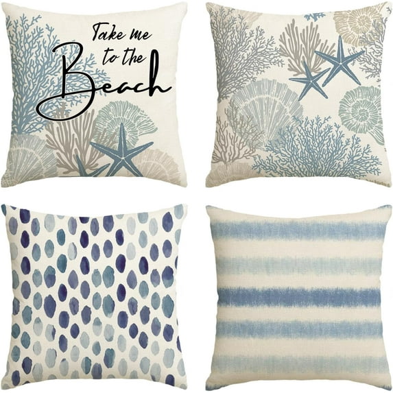 Take Me to The Beach Summer Throw Pillow Covers, 18 x 18 Inch Blue Ocean Starfish Summer Cushion Case for Sofa Couch Set of 4