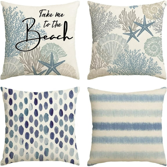 Take Me to The Beach Summer Throw Pillow Covers, 18 x 18 Inch Blue Ocean Starfish Summer Cushion Case for Sofa Couch Set of 4