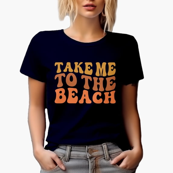 Take Me to the Beach, Ocean or Sea Lover Themed, Groovy Retro Wavy Text Merch Gift, Navy Blue T-Shirt, Small