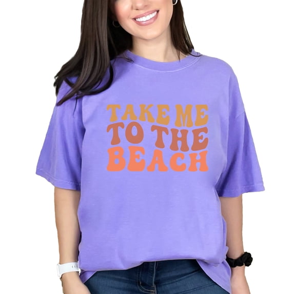 Take Me to the Beach, Ocean or Sea Lover Themed, Groovy Retro Wavy Text, Violet Comfort Colors T-Shirt, Small