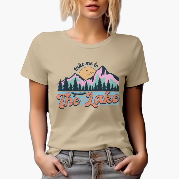 Take Me to the Lake, Vacation or Adventure Themed Art Merch Gift, Tan T-Shirt, Small
