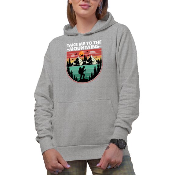 Take Me to the Mountains, Hiker, Mountaineer, or Mountain Climber, Heather Grey Hooded Sweatshirt or Hoodie, XL