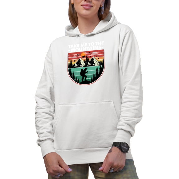 Take Me to the Mountains, Hiker, Mountaineer, or Mountain Climber, White Hooded Sweatshirt or Hoodie, Large