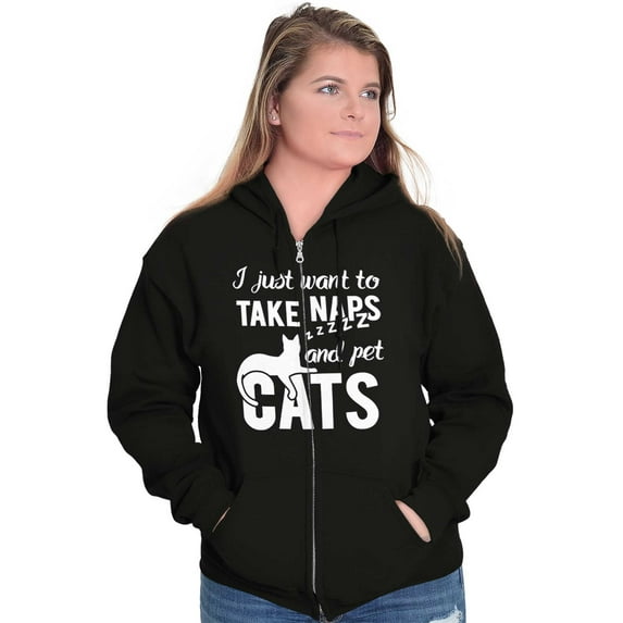 Take Naps and Pet Cats Funny Cute Womens Plus Size Graphic Zipper Hoodie Brisco Brands 2X