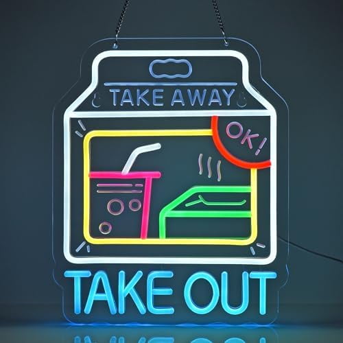 Take Out Neon Sign, Neon Lights Hanging Wall Art Decoration for Restaturant Shop Bar Market Bakeries Caf Celebration Home Decor, USB Powered Ultra Bright Dimmable,14.9612.2inches