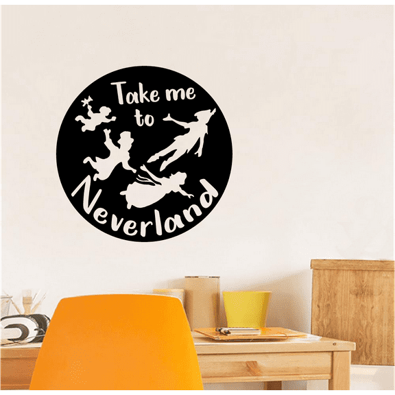 Take Me to Neverland Cute Peter Pan And Friends Flying Quote Vinyl Wall Art Wall Sticker Wall Decal Decoration For Home Room Wall Boy Girl Kids Room Playroom Wall Décor Décor Design Size (20x20 inch)