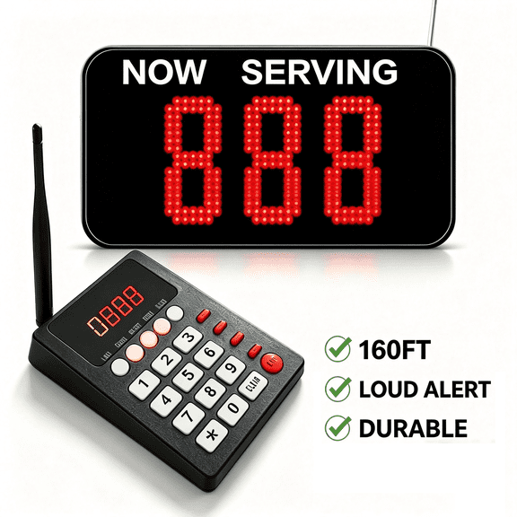 Take A Number Dispenser Queue Calling System - 3 Digit loud speaker management system for Restaurant Hospital Clinic Bank Office (1 Keypad 1 Display)
