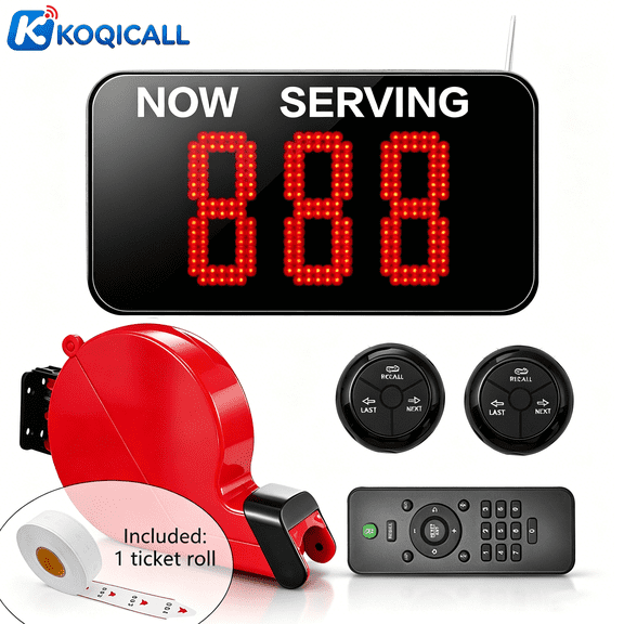 KOQICALL Wireless Take a Number Dispenser - Queue Calling System with 2-Digit Display, 2 Waterproof Call Buttons & Ticket Dispenser for Restaurant Bank