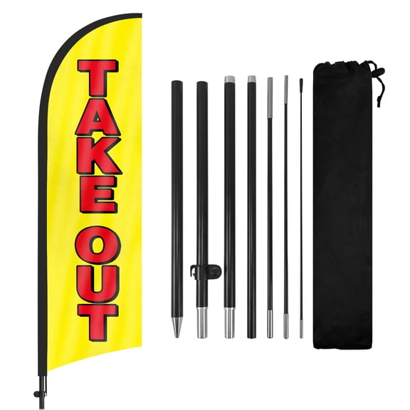 Take Out Advertising Feather Flags Banner 8Ft, Take Out Swooper Flag with Pole and Ground Stake, Advertising Feather Flag Signs for Take Out Business