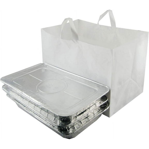 Take Out Bag 22 x 14 x 15.25 x 14; 100Pcs Full Tray Catering Bags Cardboard Bottom Soft Loop Handles White Plastic Shopping Bag