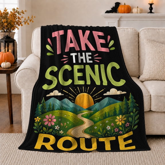 Take The Scenic Route Mountain Path Scene, Nostalgic Vintage Graphic Style for Road Trip Fans, Sunset Hills Theme and Birthday Gift, Warm Flannel Blanket for Bedroom Living Room, Home Decor