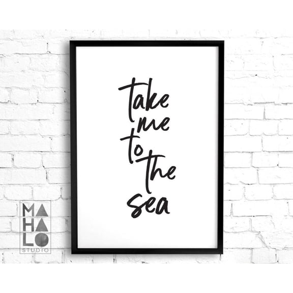 Take Me To The Sea Quote Artwork, Surf Beach Lover Wall Art, Black Ink Word Art, Summer Beach Wall Art, Ocean Lover Shack Decor Home Decor #3739, Stretched Canvas Size 8x12